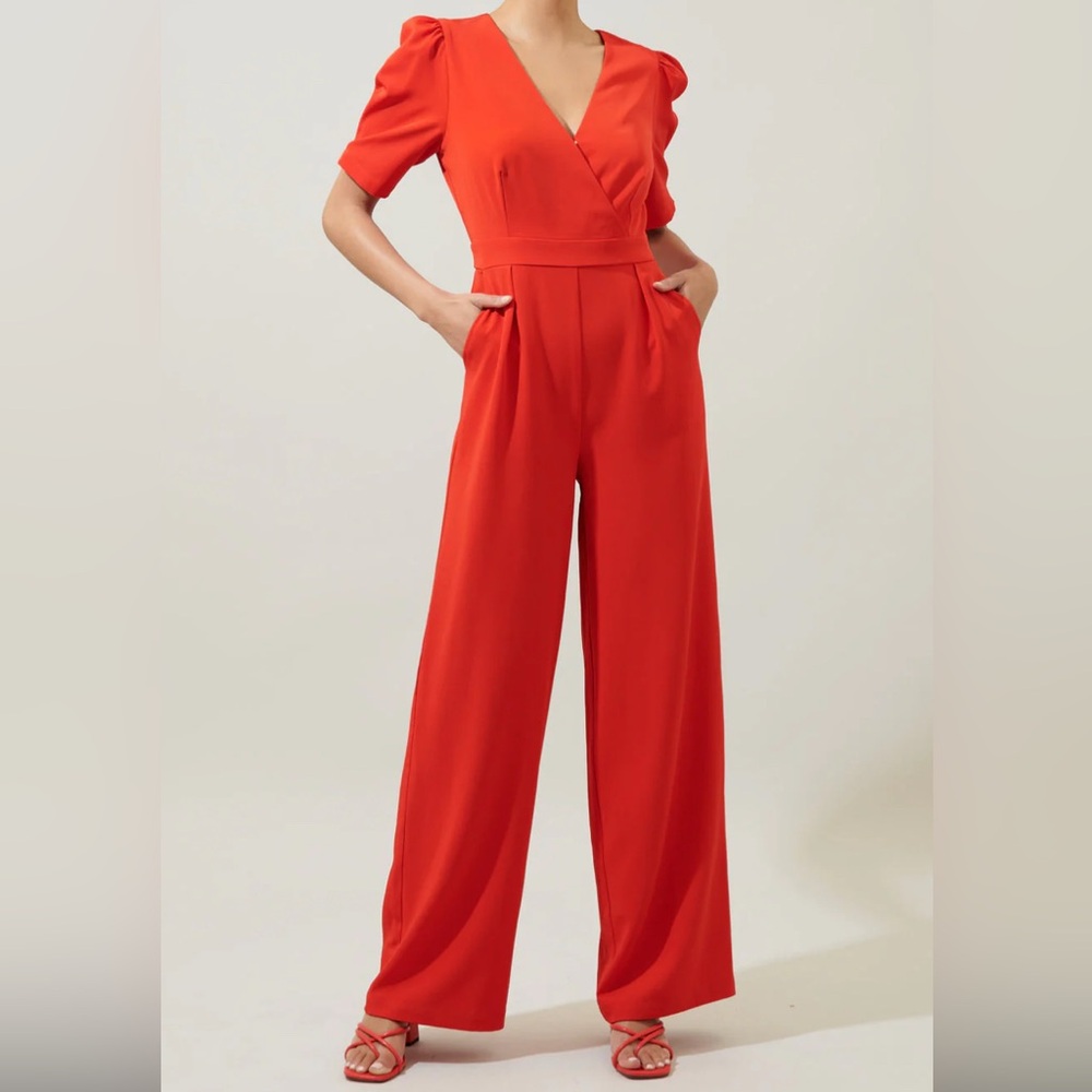 Sugar Lips Red Wide Leg Surplice Shortsleeve Jumpsuit Size Small STP7093A